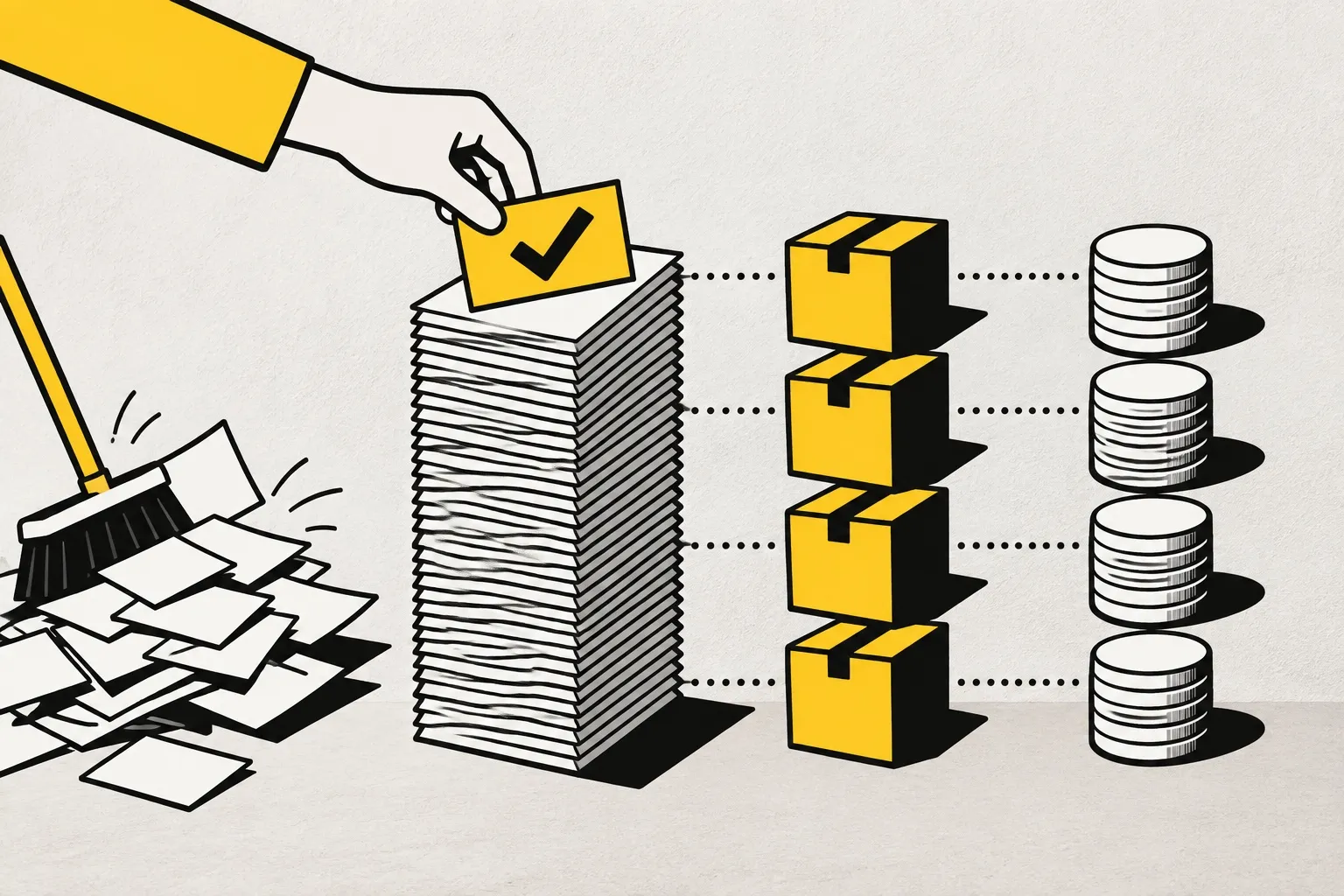Illustration: scattered papers being swept up on the left, a neat stack of paper in the middle next to columns of parcels and coins joined by dotted lines; a hand places a yellow card with a check mark on top of the stack