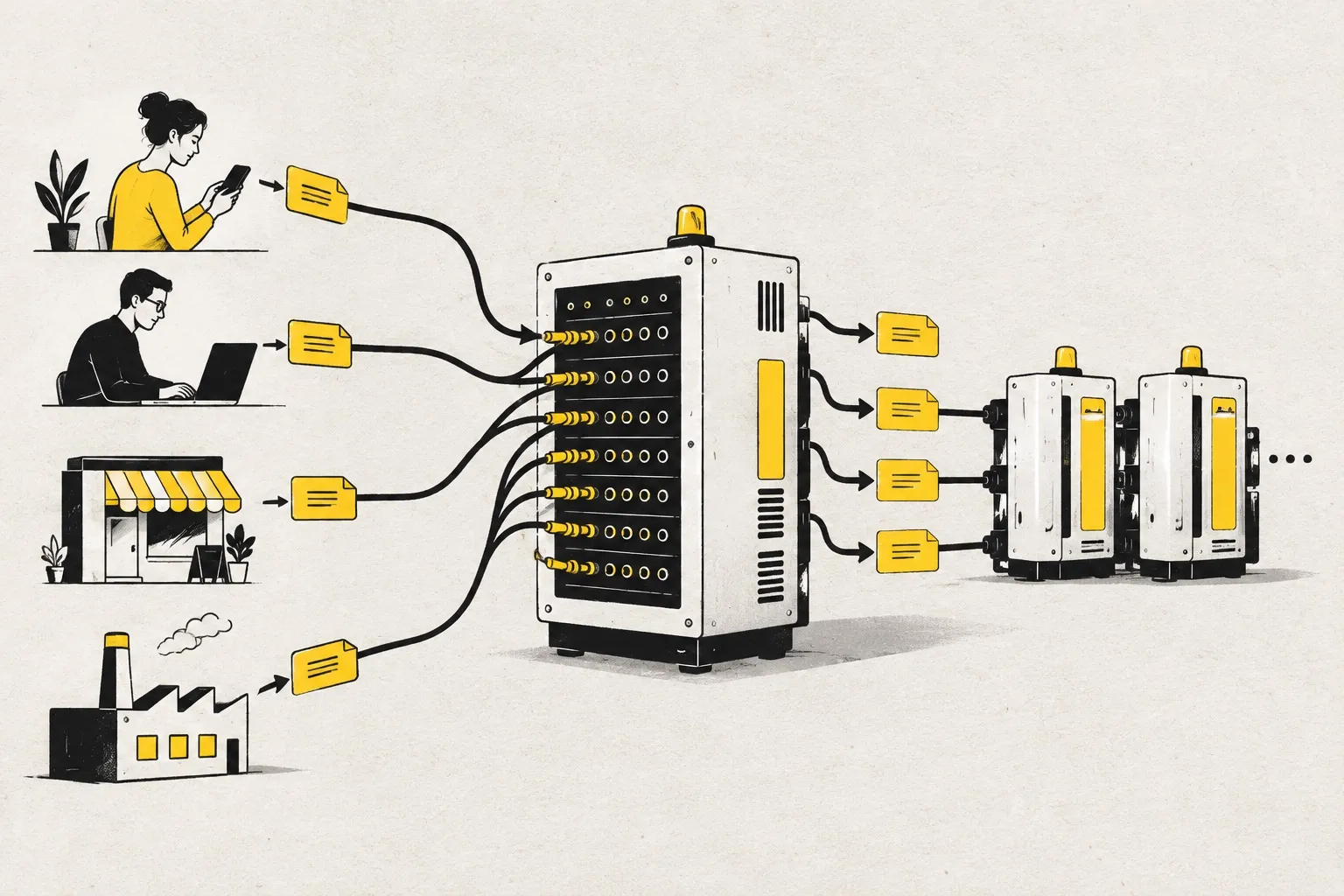 Illustration: requests from a phone, a laptop, a shop and a factory flow into a central machine that answers instantly, with identical units sliding in beside it