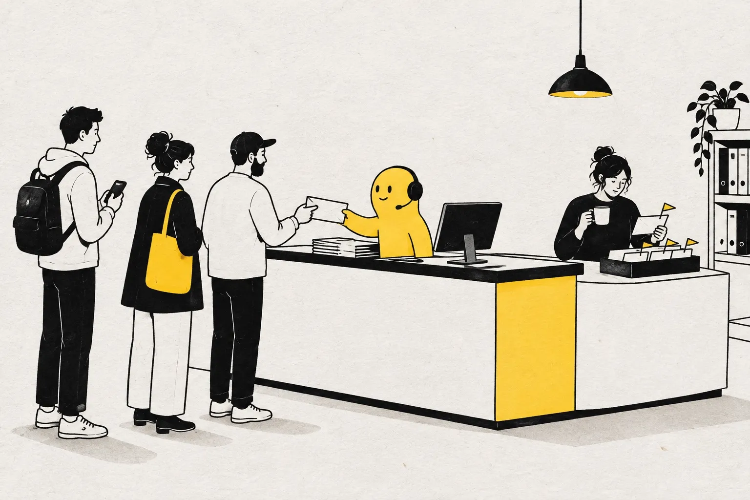 Illustration: behind a counter a small yellow assistant hands letters to a queue, while a colleague with a coffee reviews the flagged ones
