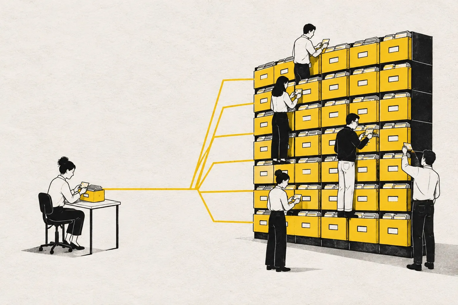 Illustration: on the left one person with a small yellow card box, on the right the same system grown into a whole wall of drawers used by many colleagues