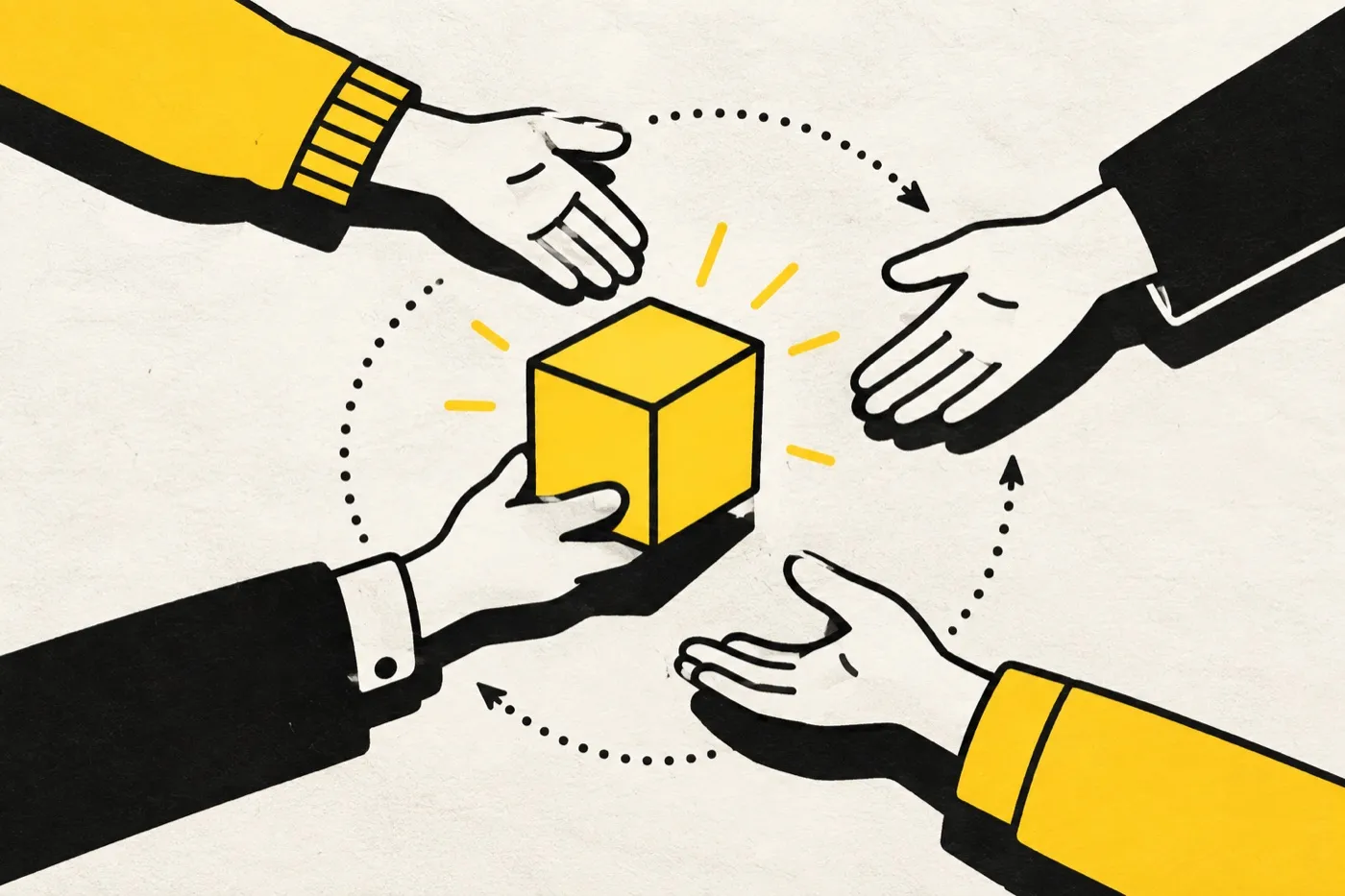 Illustration: hands passing a glowing yellow cube to each other