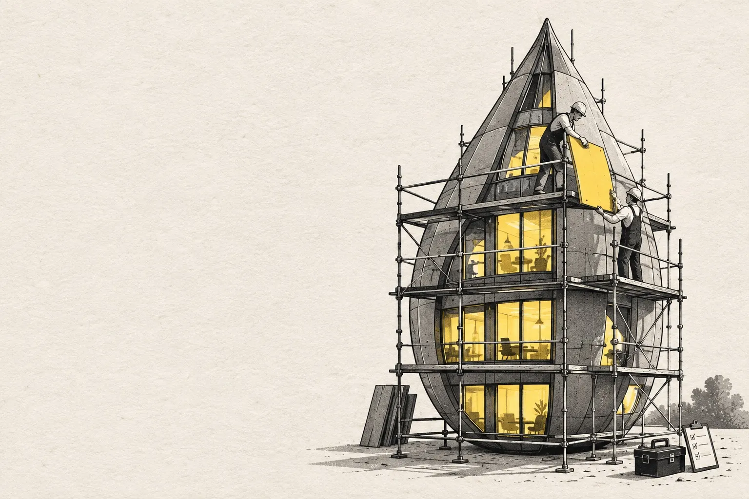 Illustration: a yellow drop-shaped building wrapped in scaffolding, colleagues calmly swapping parts while the windows stay lit inside