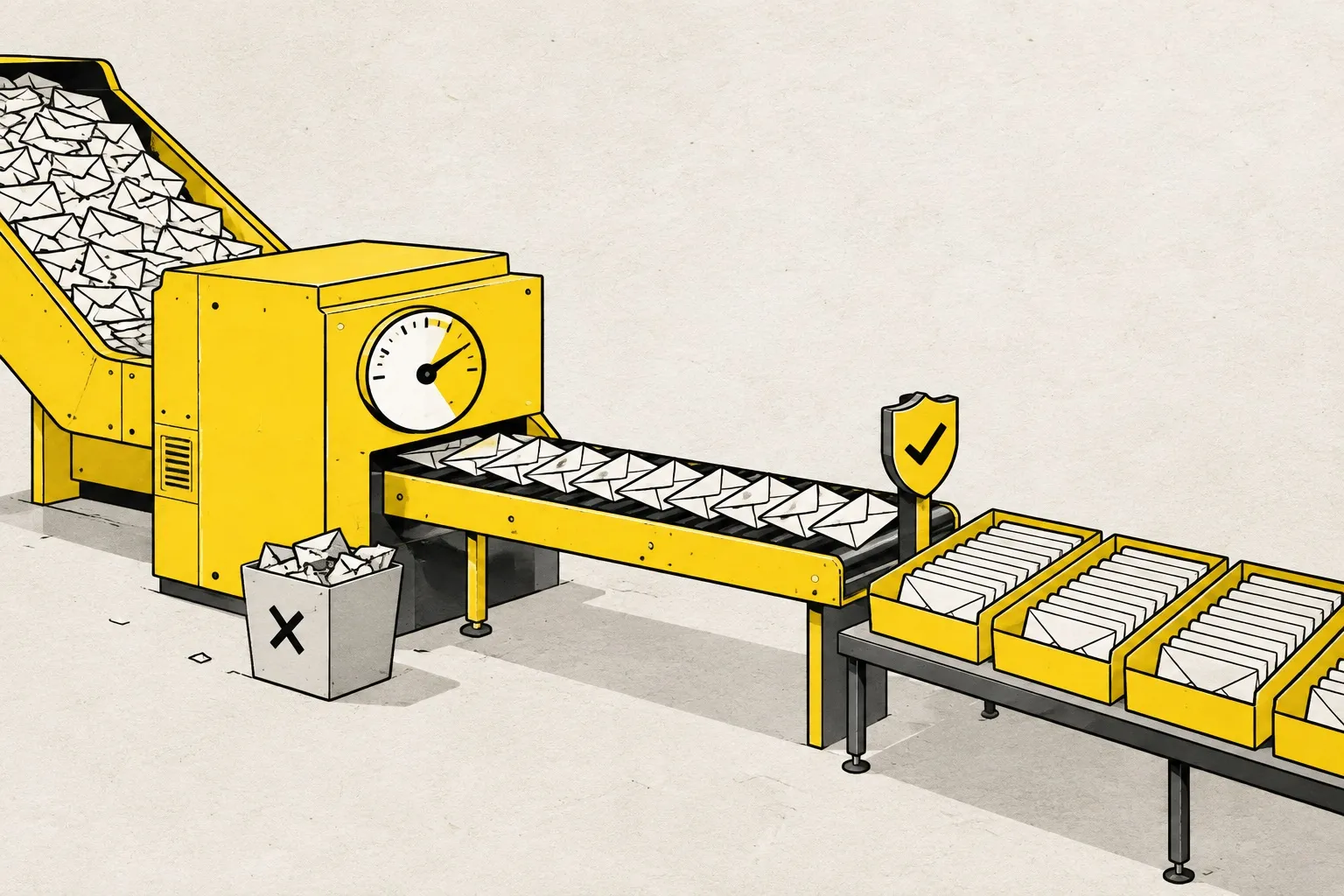 Illustration: a yellow machine sorts huge numbers of envelopes, a shield lets the good ones into outgoing trays, faulty ones drop into a bin marked with an X