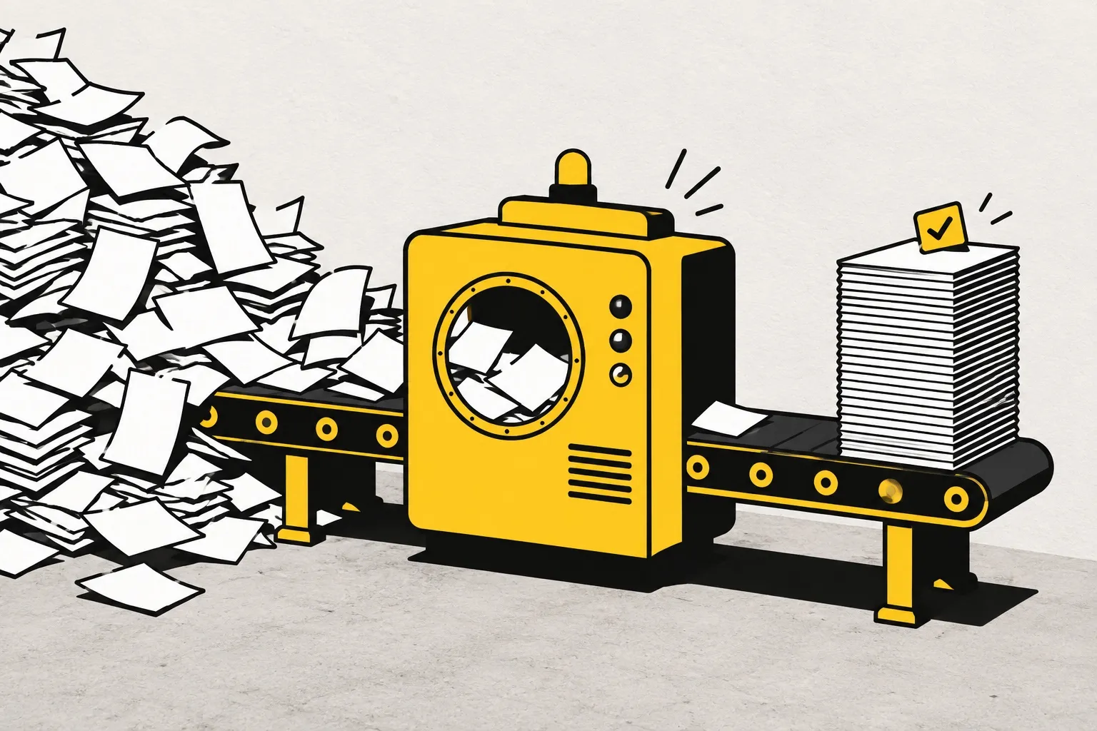 Illustration: a messy pile of paper pours onto a conveyor belt on the left, a big yellow machine processes it in the middle, and a single neat stack of identical pages comes out on the right with a yellow check mark on top