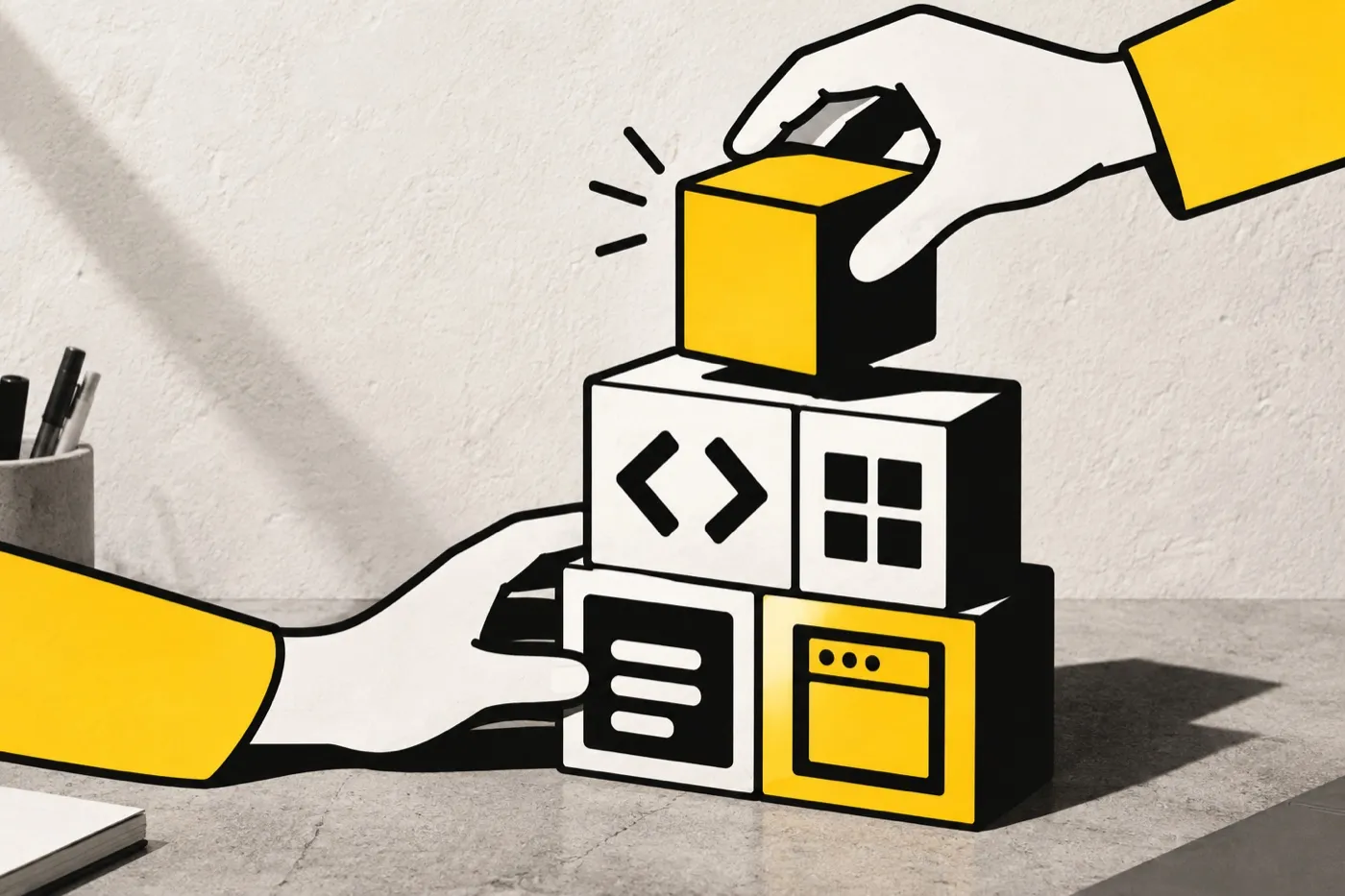 Illustration: two hands in yellow sleeves assembling a modular block structure, the last yellow block going on top