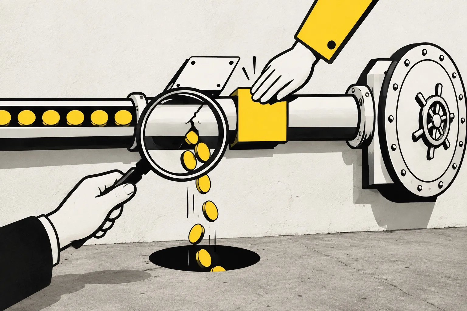Illustration: yellow coins travel through a pipe towards a vault and fall out through a hidden crack; one hand finds the crack with a magnifying glass, another patches it with a yellow block