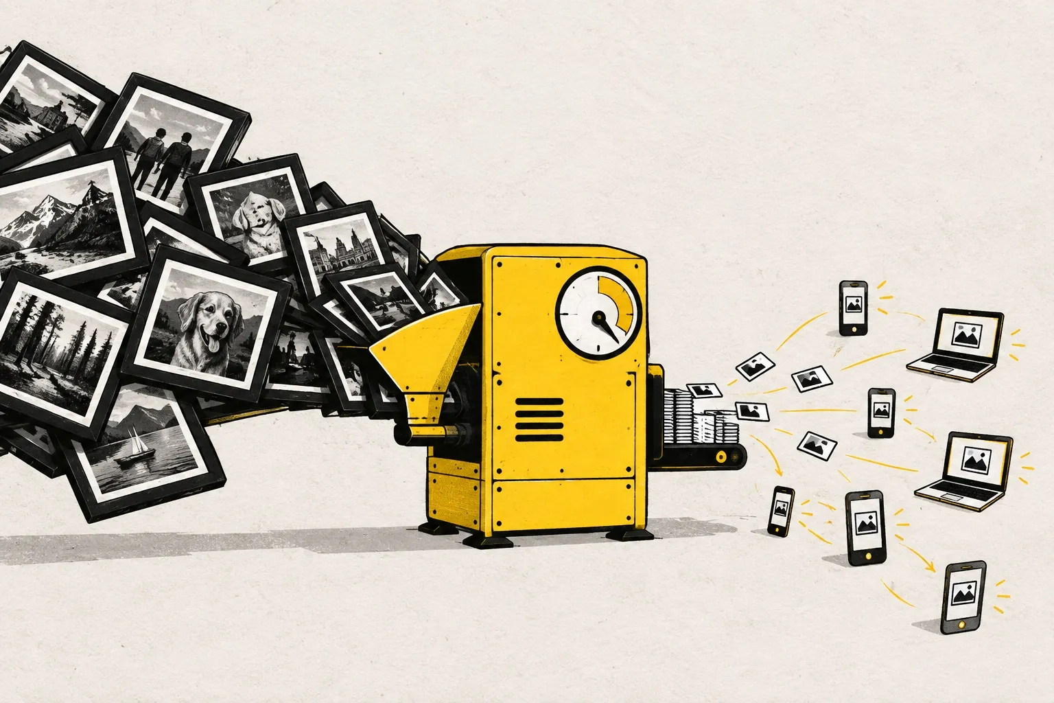 Illustration: a flood of heavy framed photographs pours into a yellow press machine and flies out the other side as light image cards towards phones and laptops