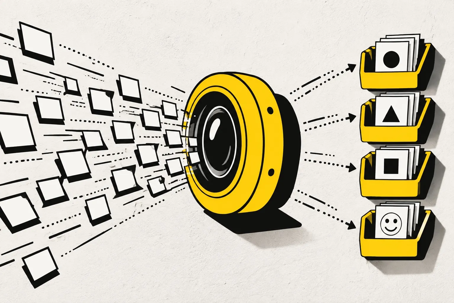 Illustration: a stream of blank picture frames flies from the left into a big yellow lens, and comes out on the right sorted into four yellow trays, each showing a different simple shape: a circle, a triangle, a square and a face
