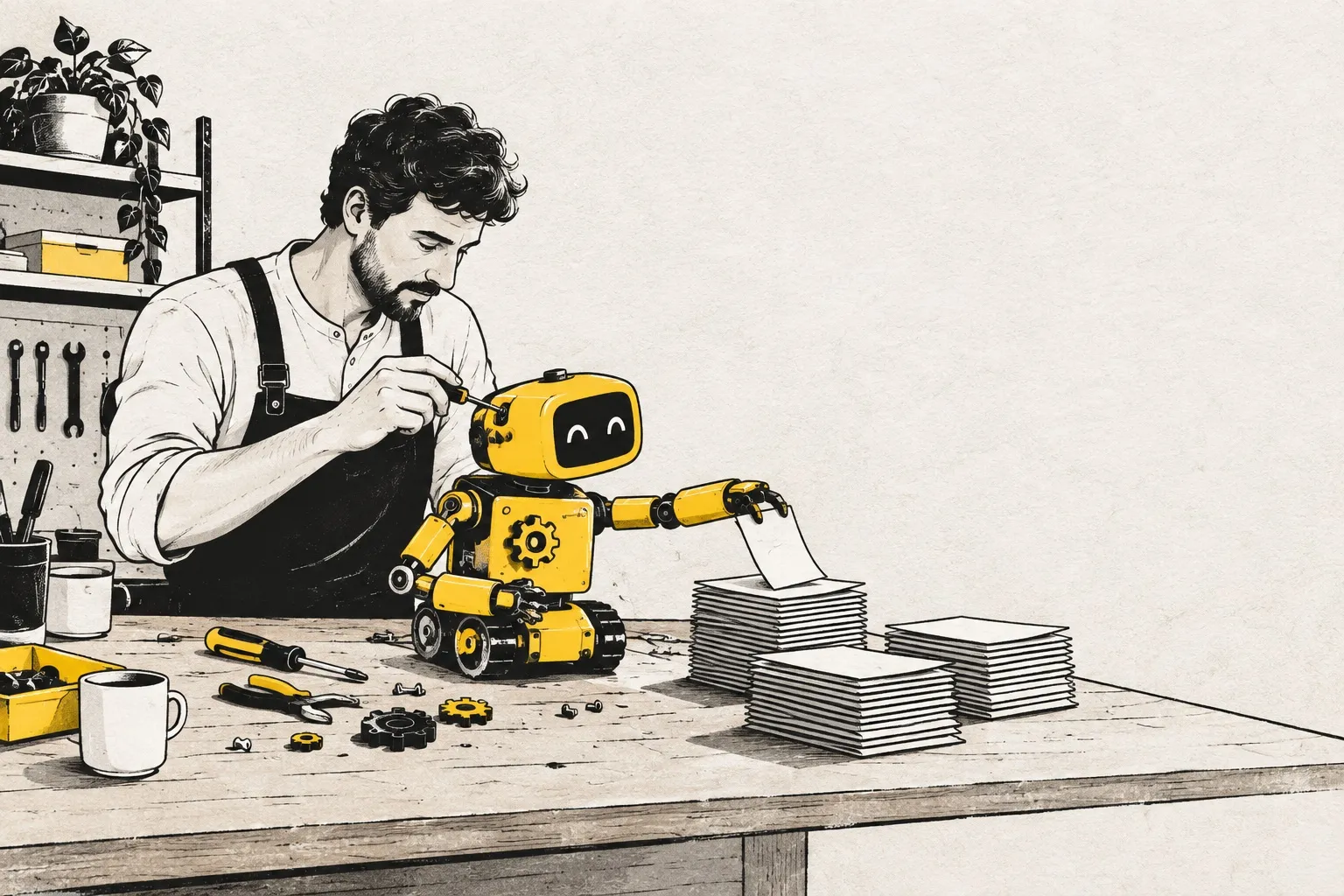 Illustration: at a workbench someone assembles a small yellow robot that is already sorting papers