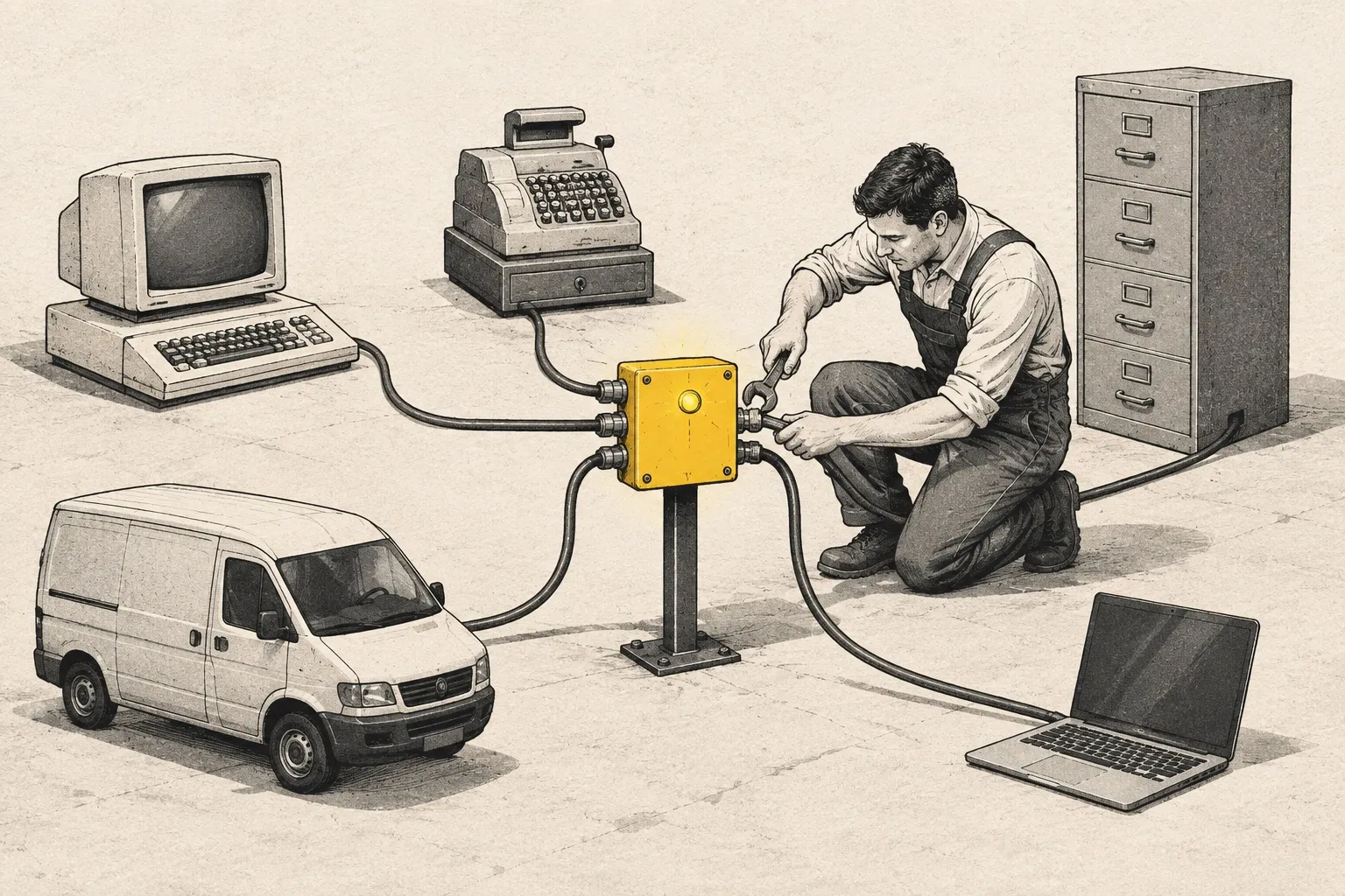 Illustration: an old terminal, a cash register, a filing cabinet, a van and a laptop, all wired into one central yellow junction box, where an engineer tightens the last connection
