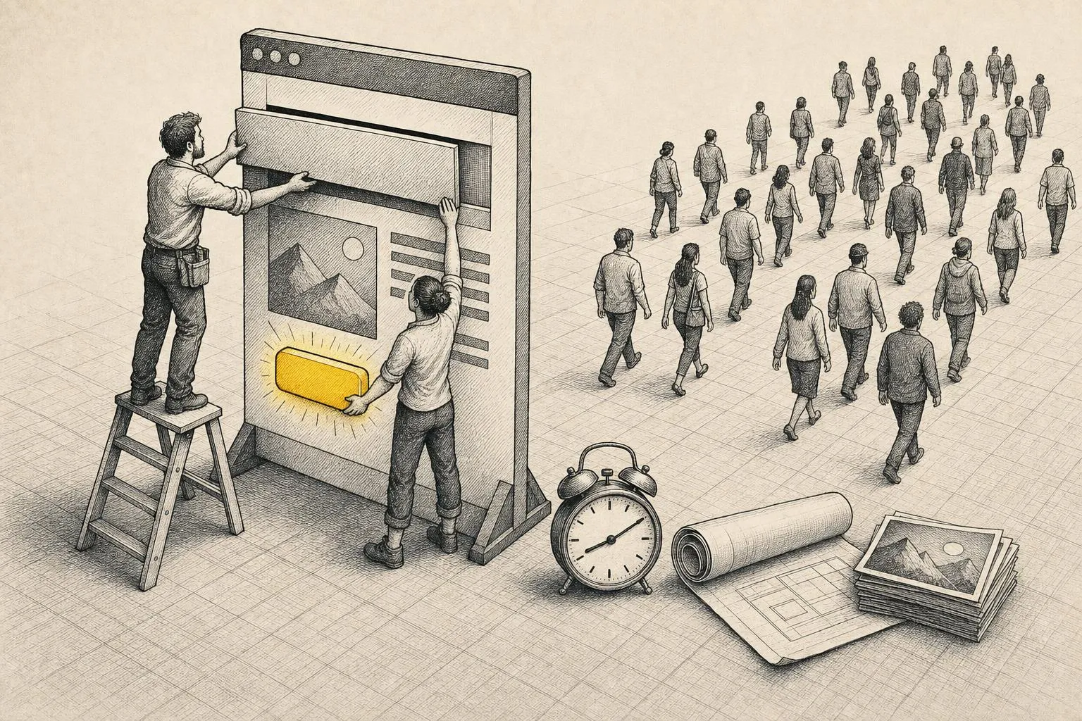 Illustration: two people assemble a large board shaped like a web page, the last piece is the yellow button; next to them an alarm clock, a blueprint and photos, visitors already walking towards it