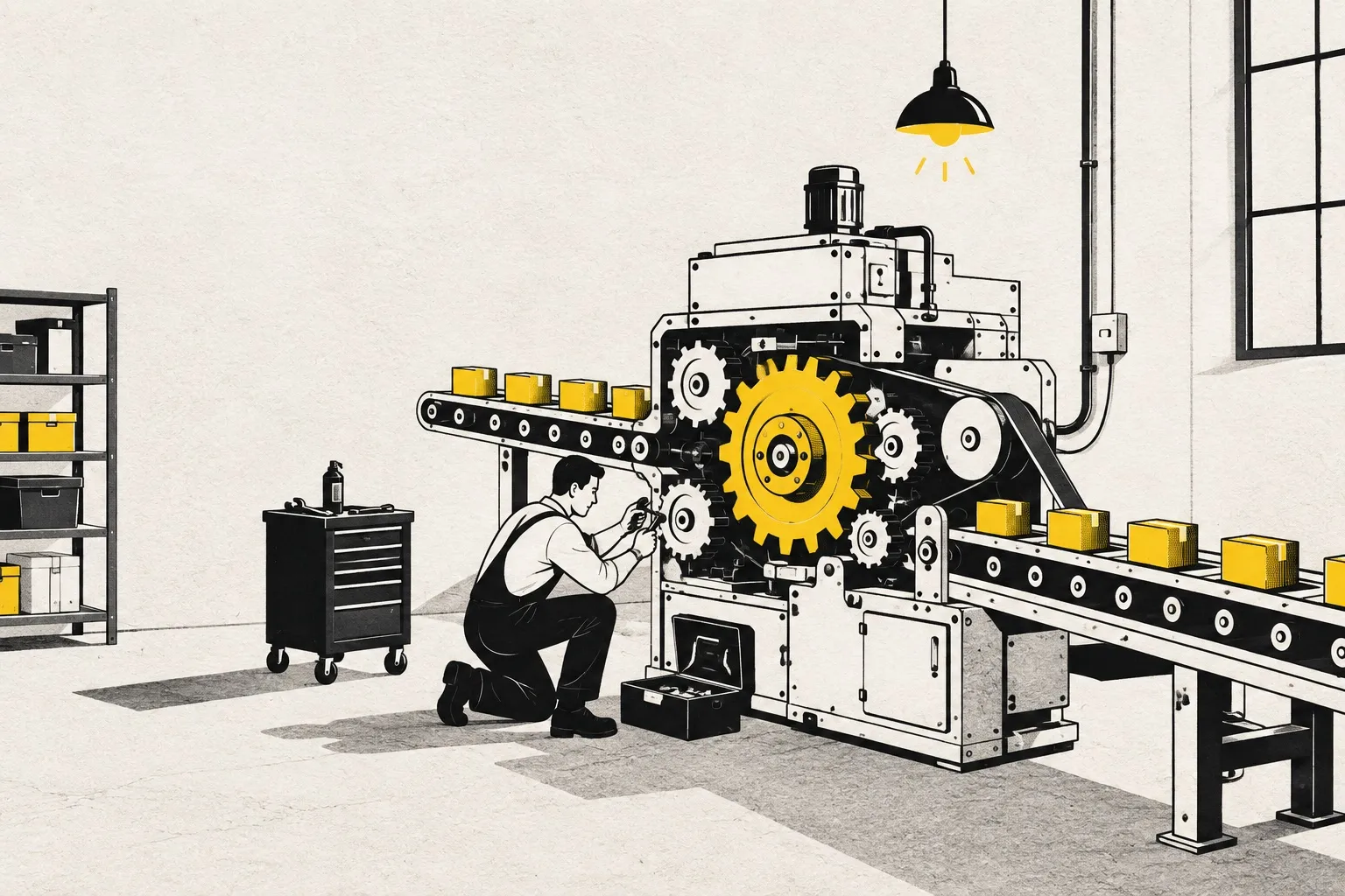 Illustration: a mechanic tending a well-oiled machine, a yellow gear driving the conveyor belt