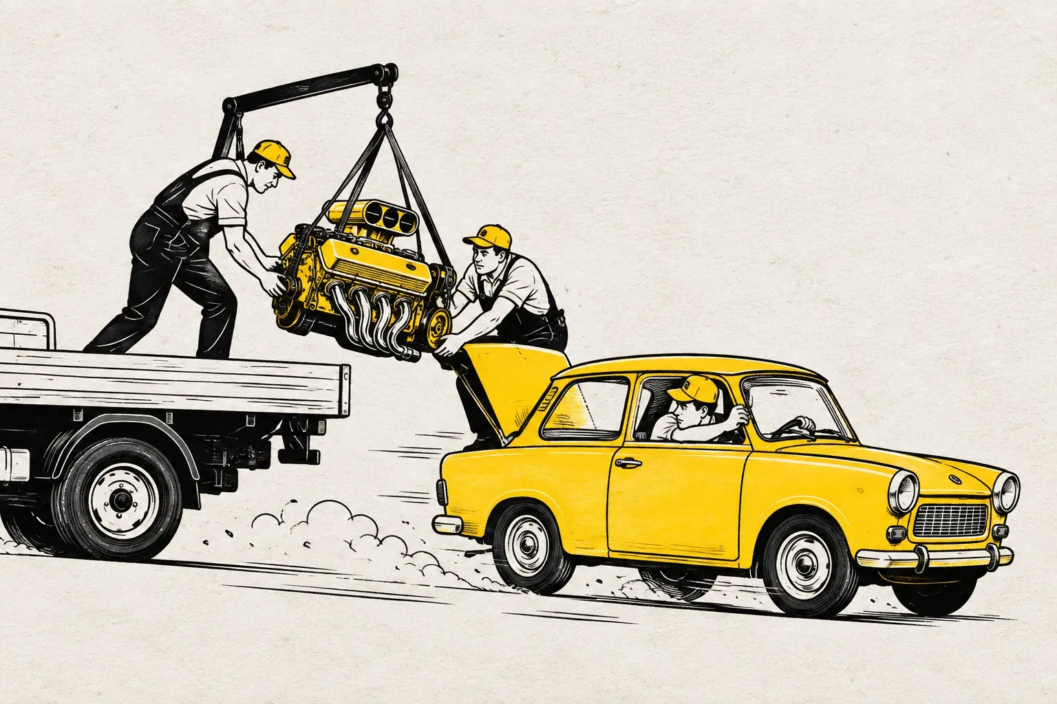 Illustration: a small yellow vintage car speeding along with its hood open, while two mechanics on a flatbed lower a big yellow racing engine into it mid-drive
