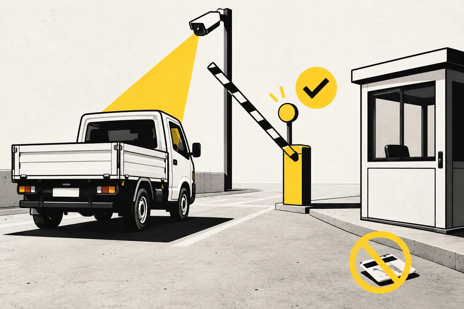 Illustration: a small truck at a barrier gate, a pole-mounted camera scanning it with a yellow beam, the barrier lifting on its own next to a yellow check mark; the guard booth is empty and a crossed-out access card lies on the ground
