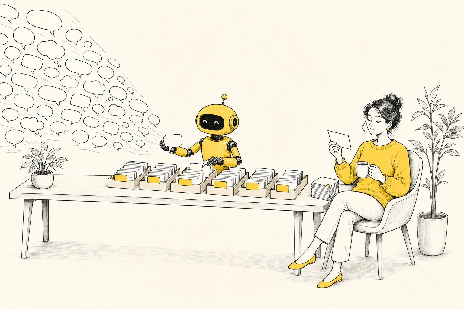 Illustration: empty speech bubbles stream in from the left to a long desk, where a small yellow robot sorts them into yellow-tabbed card trays; at the end of the desk a woman in a yellow sweater reads a card over coffee