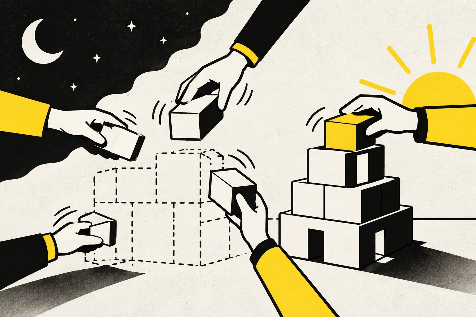 Illustration: night with a moon and stars on the left, a rising sun on the right; hands quickly assemble a building from white blocks, from an empty dashed outline to a finished building with a yellow top