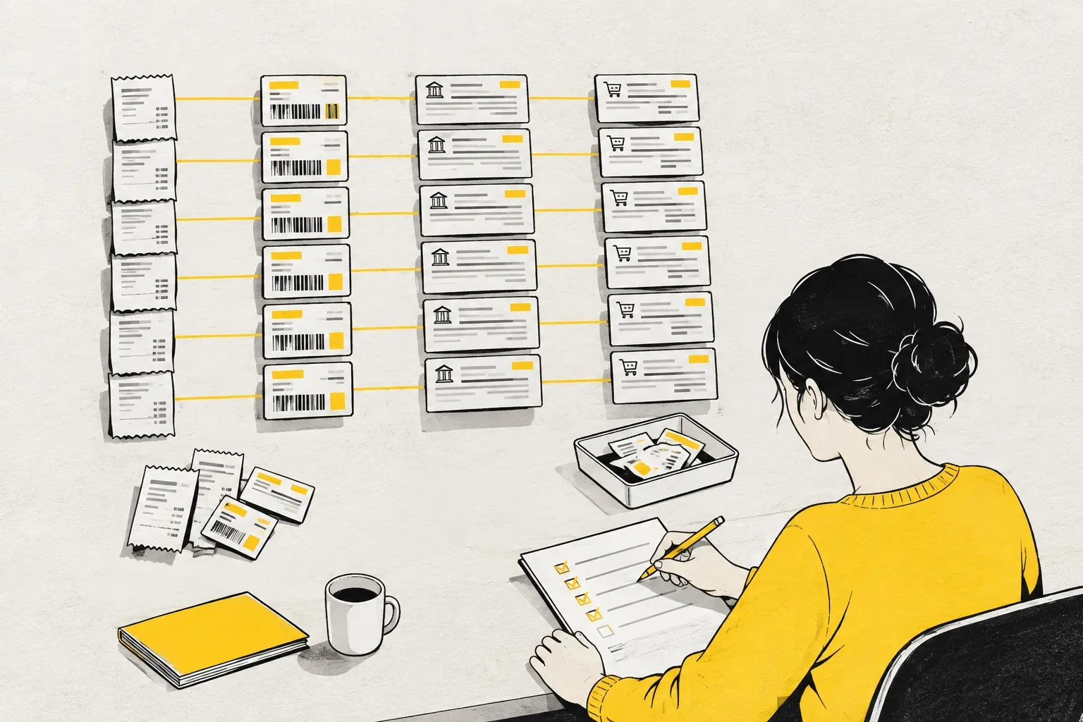 Illustration: invoices, parcel labels, bank slips and orders in four columns, joined row by row with yellow threads, while a colleague ticks them off