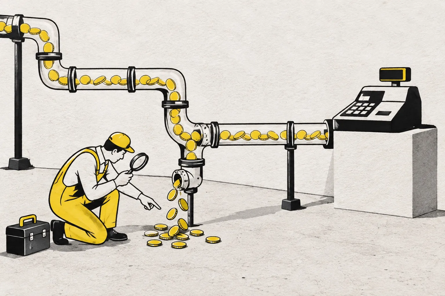 Illustration: a pipe full of coins runs to a cash register, one joint is leaking, and a plumber with a magnifying glass points at it