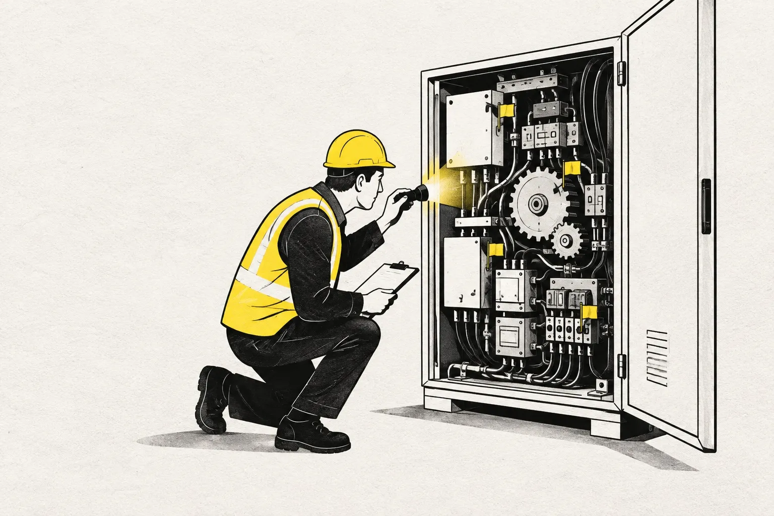 Illustration: an inspector in a hard hat examines an open machine cabinet with a torch and clipboard, some parts marked with yellow flags