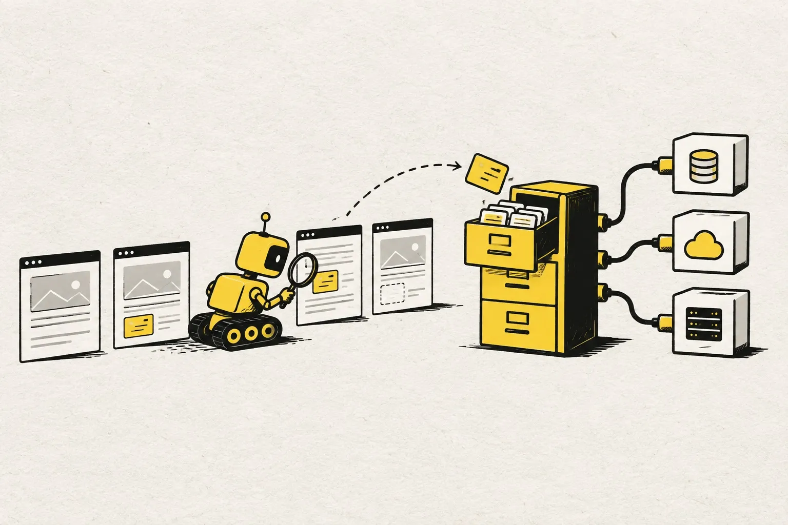 Illustration: a small yellow robot with a magnifying glass moves along a row of web pages, filing cards into a cabinet connected to company systems