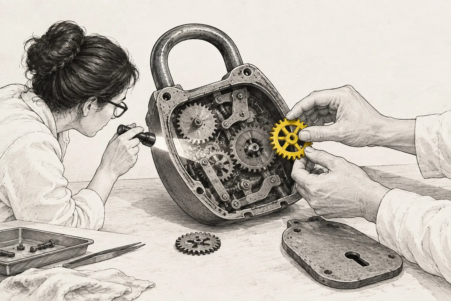 Illustration: an open padlock showing its mechanism. A researcher points a torch at the faulty gear while two hands fit a yellow gear in its place.