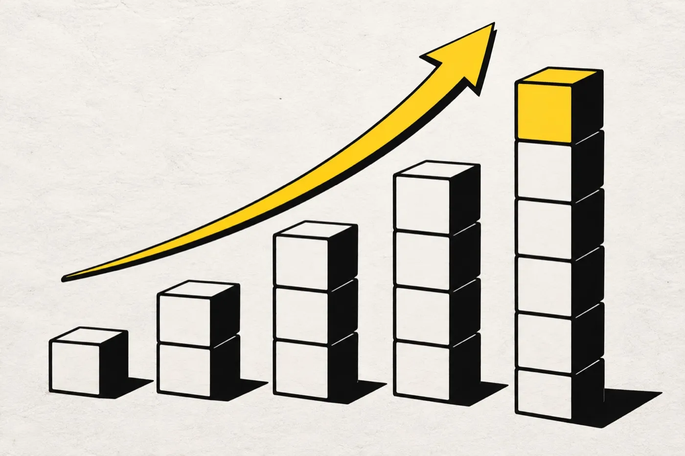Illustration: block towers growing taller from left to right, the tallest topped with a yellow block, a bold arrow sweeping upwards above them