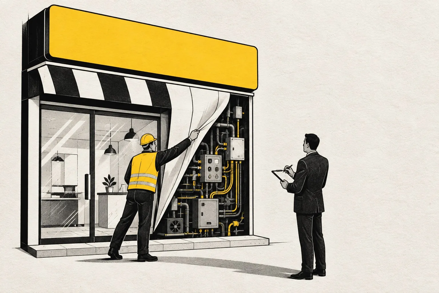 Illustration: an inspector pulls aside a shop facade to reveal the machinery behind it, while a buyer in a suit holds a clipboard