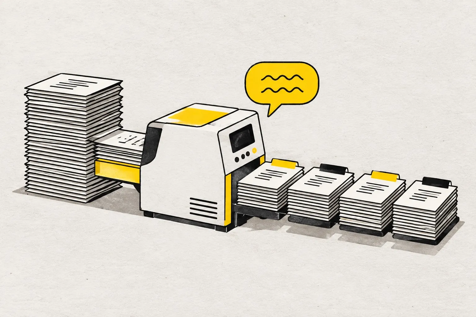 Illustration: a machine splits a tall stack of paper into several stacks marked with different coloured tabs