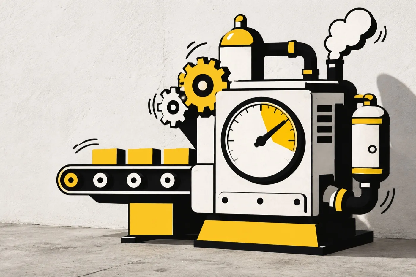 Illustration: a well-oiled machine, its gauge needle resting in the yellow safe zone