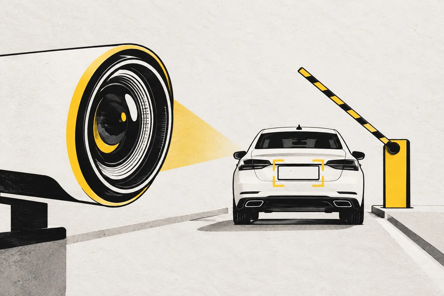 Illustration: a large camera lens watches a car at a barrier, a yellow frame around its number plate