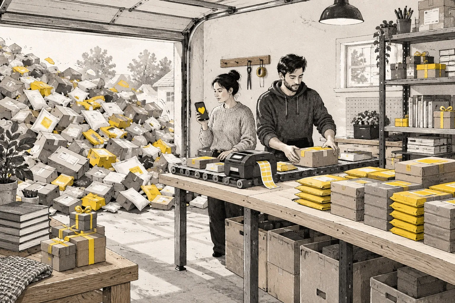 Illustration: a garage turned into a small shop, a flood of parcels pouring in through the open door, inside a man and a woman calmly working at a new packing table with a label printer and a conveyor, parcels lined up in neat yellow stacks