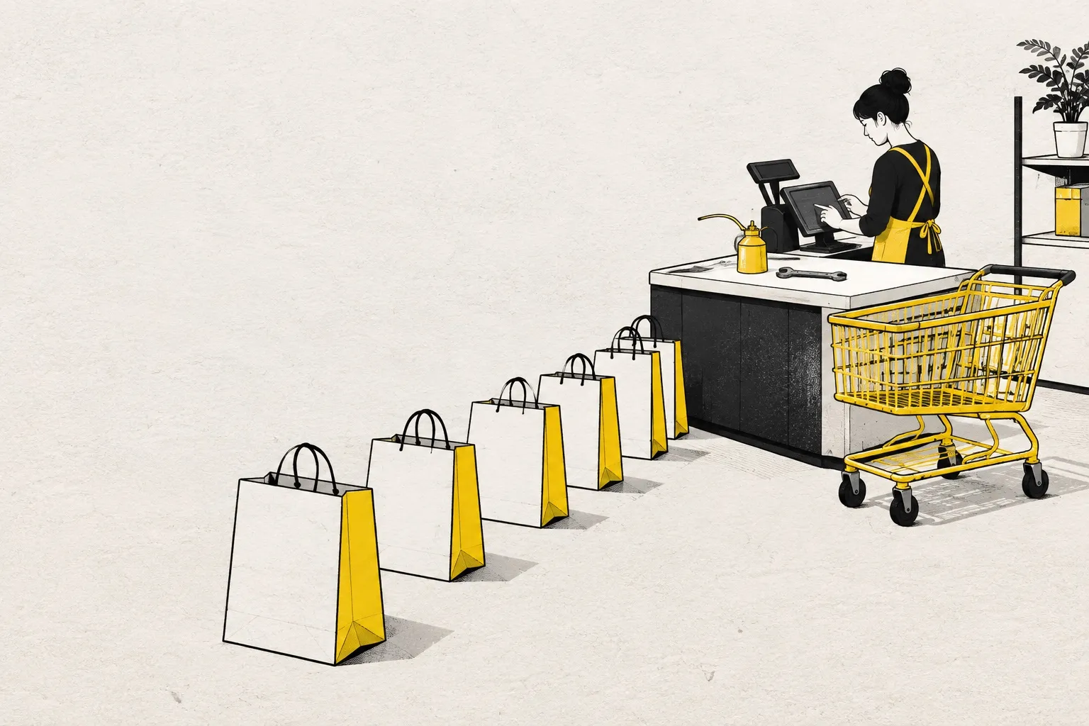 Illustration: a shop counter with a yellow shopping cart, paper bags lined up neatly, an oil can and a wrench on the counter