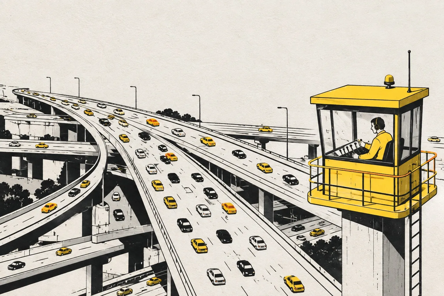Illustration: a busy multi-lane interchange full of cars, someone in a yellow control tower calmly managing the traffic