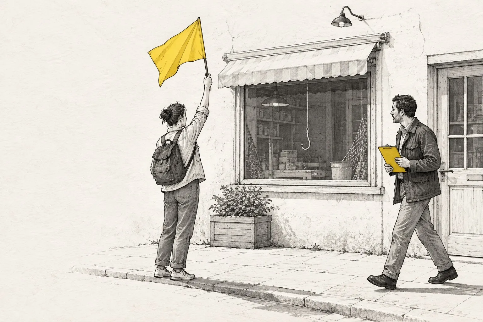 Illustration: a passer-by raises a yellow flag in front of a shop window with a fishing hook hanging inside, while the caretaker arrives with a yellow clipboard.
